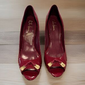 COLE HAAN Magenta Patent Leather Shoes Cushioned Insole Peep Toe Pumps Sz 11